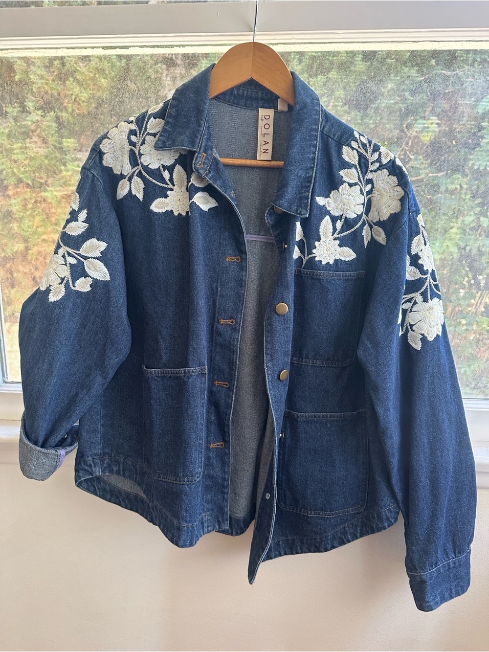 Anthro DOLAN Dark Blue Denim Jacket with White Floral Embroidery
